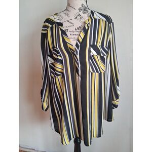 Torrid Harper Blouse Womens 3 Yellow Black White Striped Roll Tab Sleeve Top